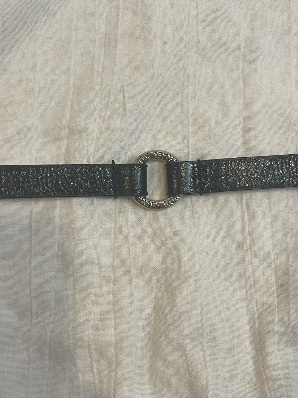 Michael Kors Black Leather Skinny Belt Silver Logo Ring Hardware S/M - Picture 5 of 9